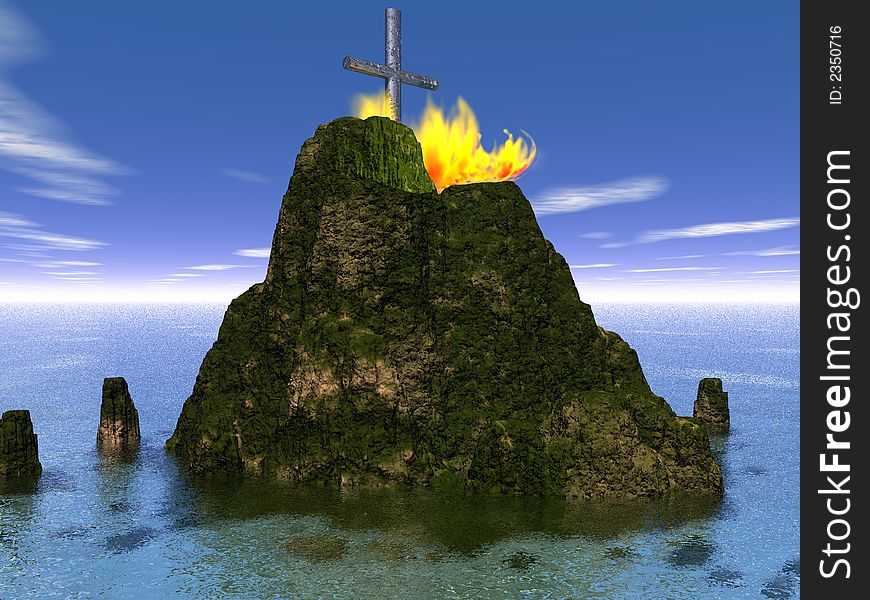 Burning metal cross on island