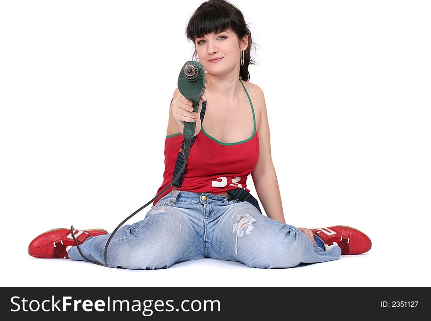 Funny woman sitting on the floor. white background. Funny woman sitting on the floor. white background
