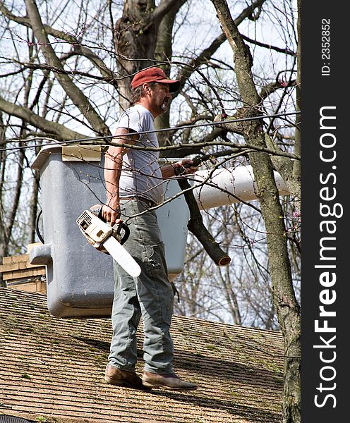 Tree worker removing brances over roof - what out for that electric line!. Tree worker removing brances over roof - what out for that electric line!