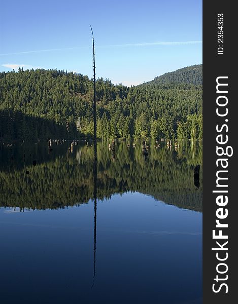 A small lake on vancouver island mirrors the sky on the water surface. A small lake on vancouver island mirrors the sky on the water surface.