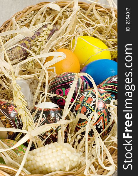 Easter eggs in straw nest in basket