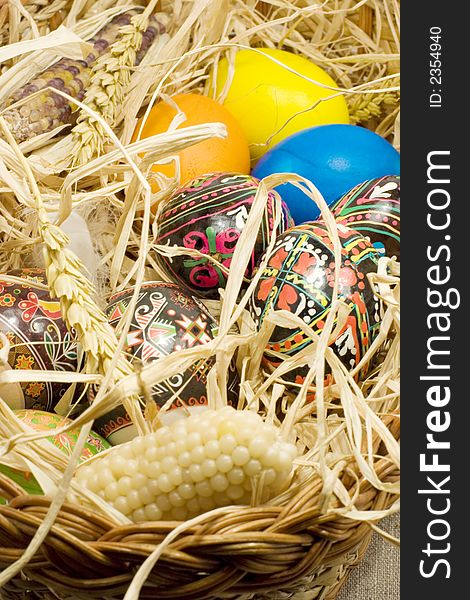 Easter eggs in straw nest in basket