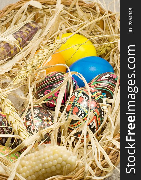 Easter eggs in straw nest in basket