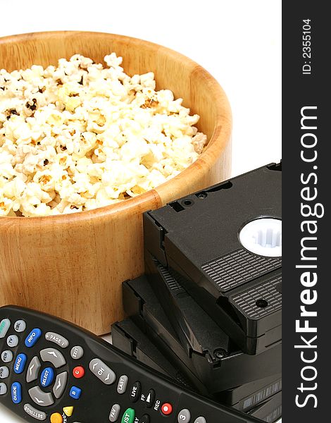Picture of popcorn & video w/remote control on white
