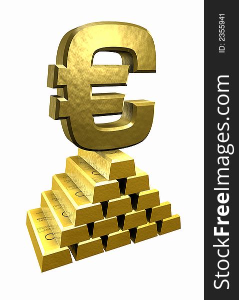 Computer-generated 3D graphic depicting a gold Euro symbol and gold bars. Computer-generated 3D graphic depicting a gold Euro symbol and gold bars