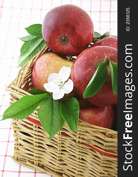 Red apples and white flower in a basket. Red apples and white flower in a basket