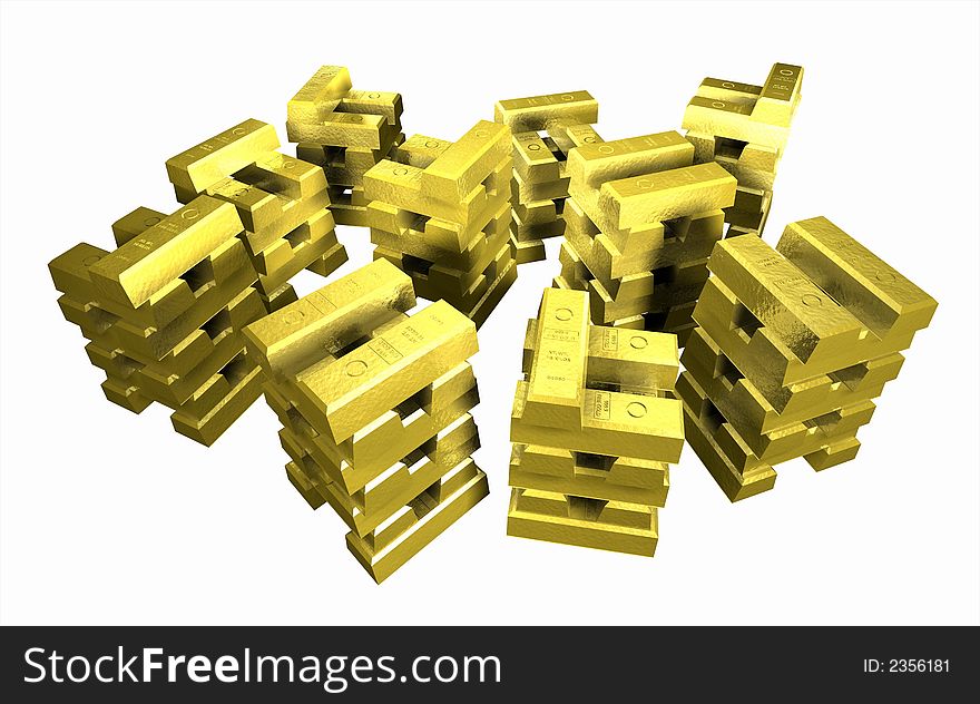 Computer-generated 3D graphic depicting stacks of gold bars. Computer-generated 3D graphic depicting stacks of gold bars