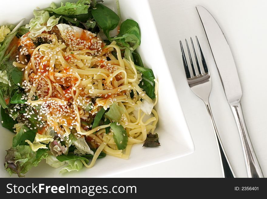 Plate with healthy salad and noodles. Plate with healthy salad and noodles