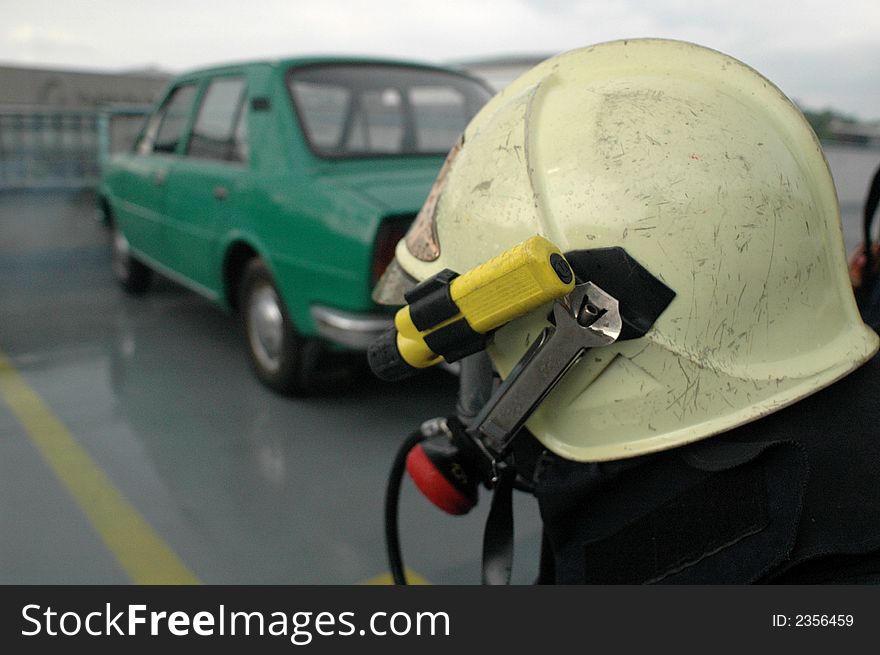 Firemen looking arond in parking house. Firemen looking arond in parking house