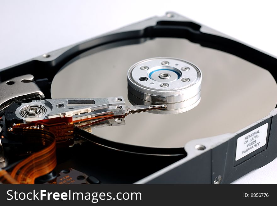 Close-up of an opened hard disk drive