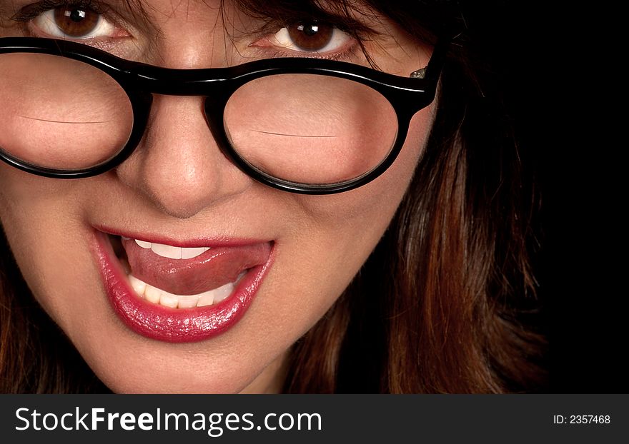 Beautiful Closeup Portrait of Brunette Woman with Bi Focal Glasses. Beautiful Closeup Portrait of Brunette Woman with Bi Focal Glasses