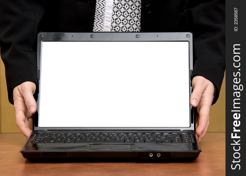 Business person's hands holding a laptop white. Business person's hands holding a laptop white