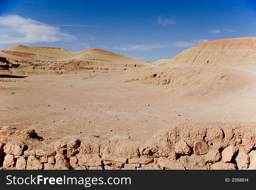 Moroccan desertic landscape near Ait Benhaddou Kasbah