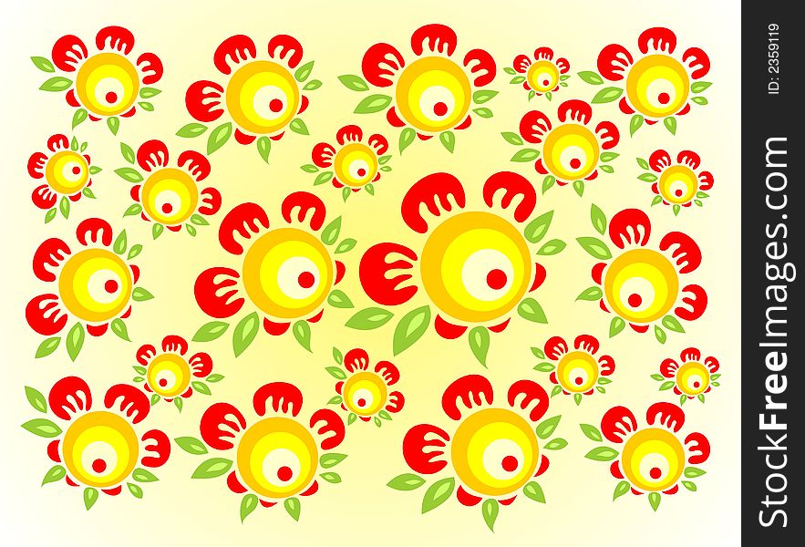 Red-yellow decorative flowers on a white-yellow background. Red-yellow decorative flowers on a white-yellow background.