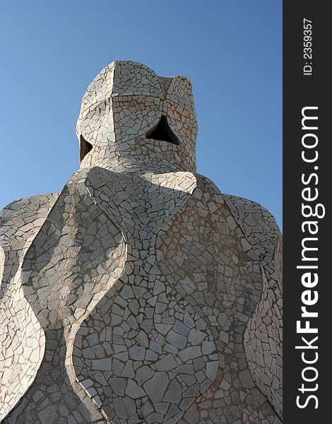 Detail of rooftop chimney Casa Milla by Antoni Gaudi Barcelona Spain