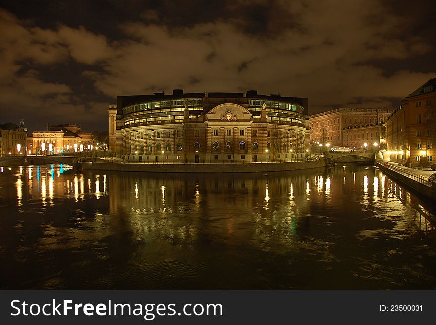 Parliament building in Stockholm, Sweden by night