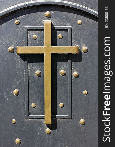 Holy Cross on the old door in the orthodox church in Cana of Galilee,Israel