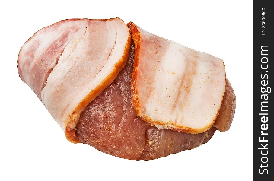 Beef wrapped in ham slice against white background. Beef wrapped in ham slice against white background