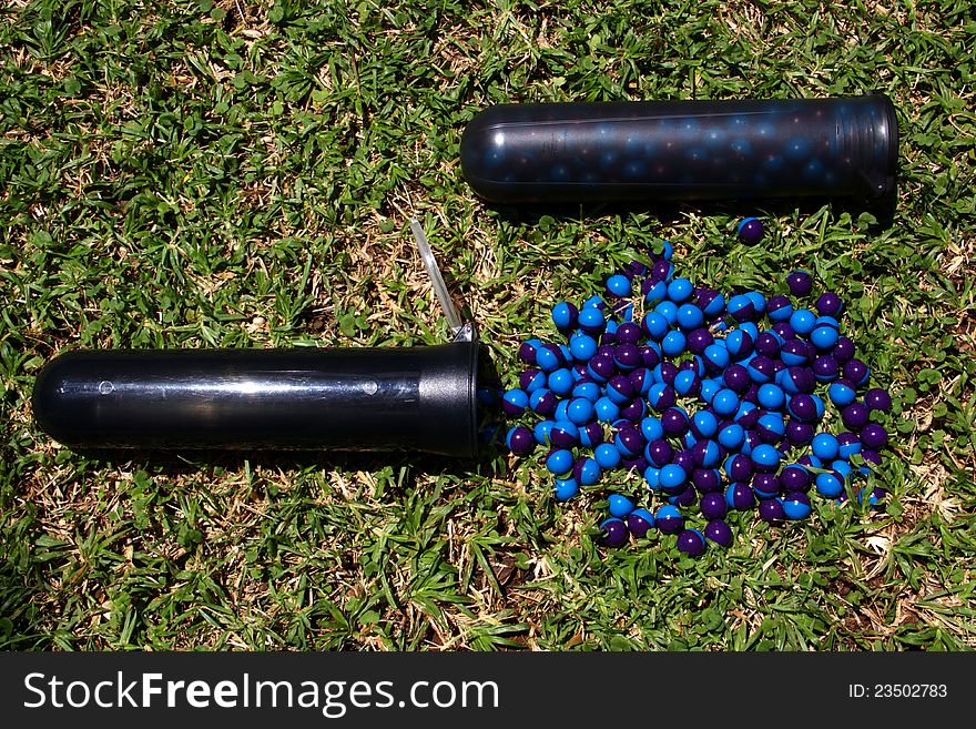 Pods with paintballs on the grass