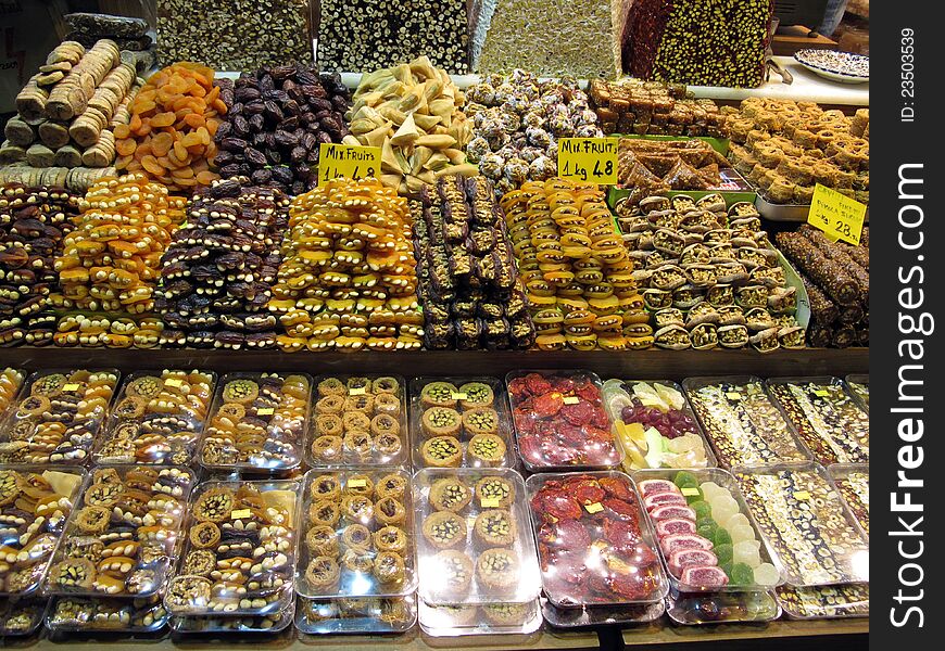 View of dried fruit and Turkish sweet in the Spice Bazaar, Istanbul.