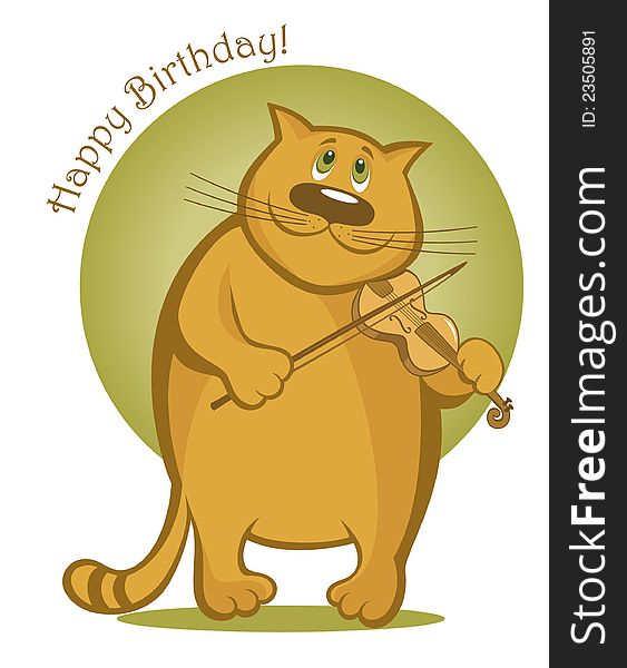 Vector illustration of greeting card with smiling cat playing the violin