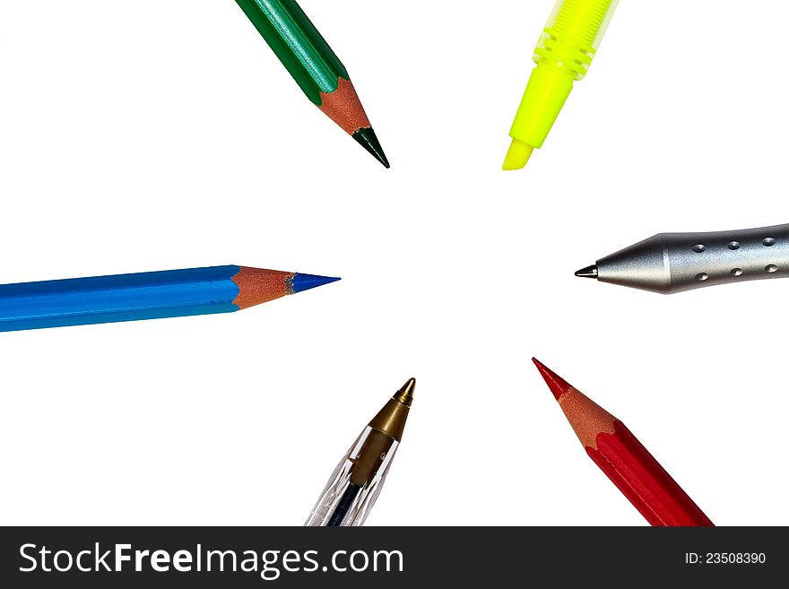 Pencils, pens and marker form a circle. Pencils, pens and marker form a circle