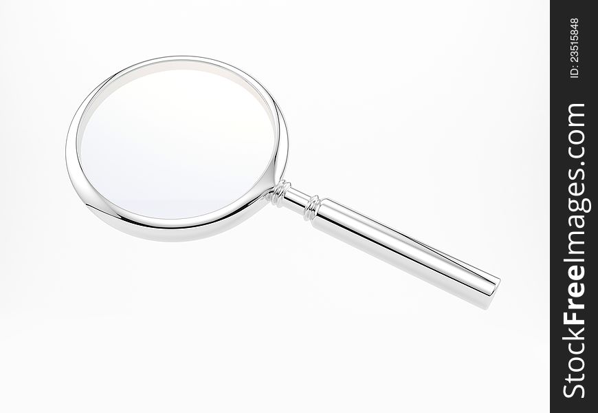 3d render of a chromed magnifying glass on a white background