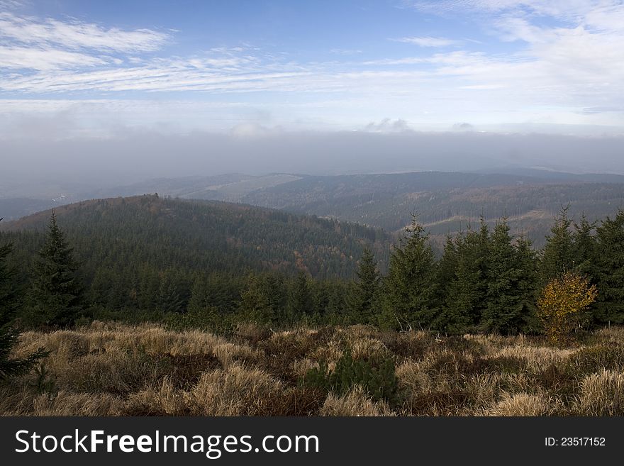 Mountain landscape with brown grass, hilly landscape with pine trees, the landscape in the mountains with blue sky, mountains, Czech Republic, Eagle Mountains in the Czech Republic. Mountain landscape with brown grass, hilly landscape with pine trees, the landscape in the mountains with blue sky, mountains, Czech Republic, Eagle Mountains in the Czech Republic