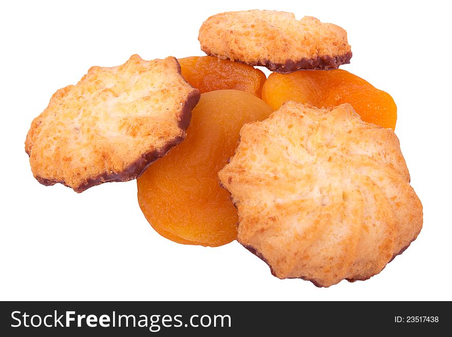 Cookies and dried apricots on a white background