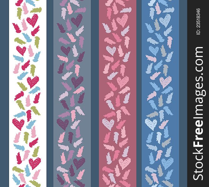 Collection of four vertical seamless borders with hand painted textured abstract elements and hearts. Vector illustration. Collection of four vertical seamless borders with hand painted textured abstract elements and hearts. Vector illustration