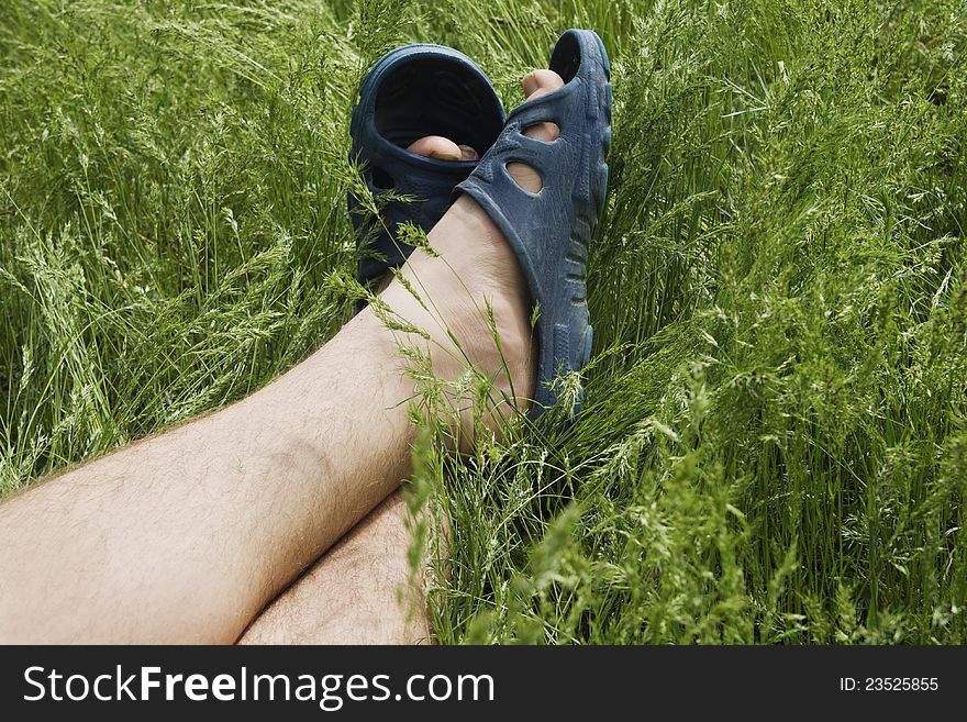 Legs of a man laying in the grass on a sunny day. Legs of a man laying in the grass on a sunny day