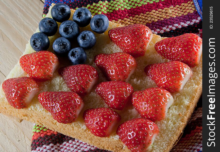 Strawberry and blueberry cake, like a flag. Strawberry and blueberry cake, like a flag.