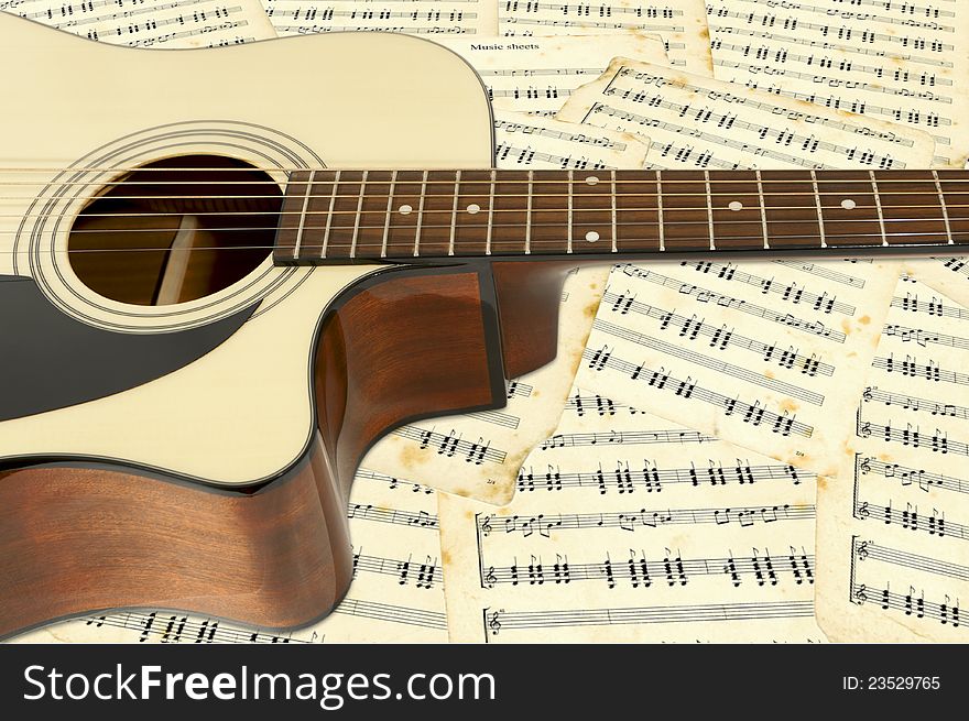 Guitar on a background musical notes. Guitar on a background musical notes