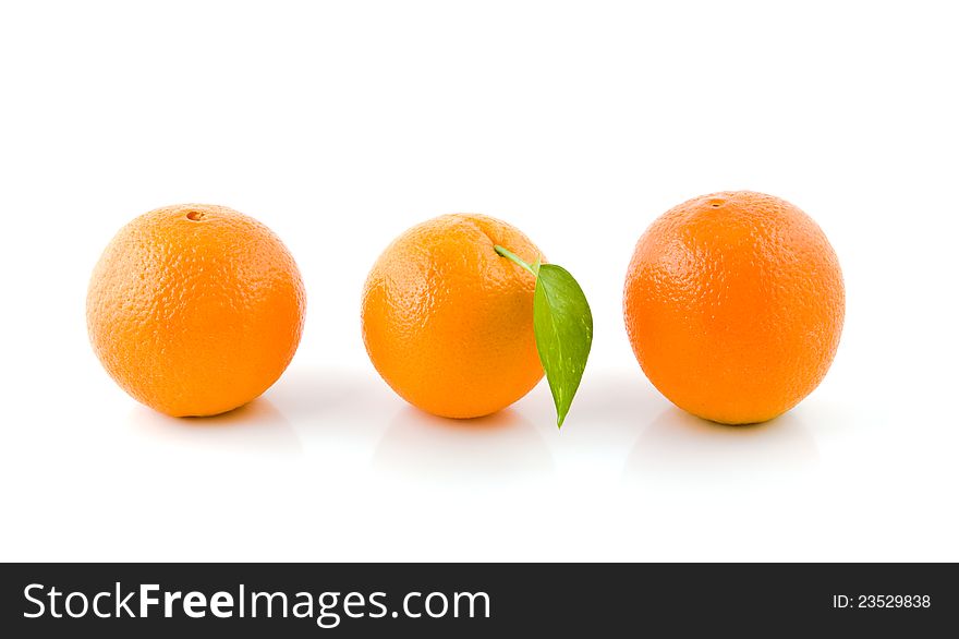 Three oranges lie in one row on a white background