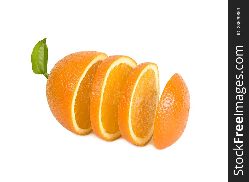 Round lobules of orange stand in one row on a white background