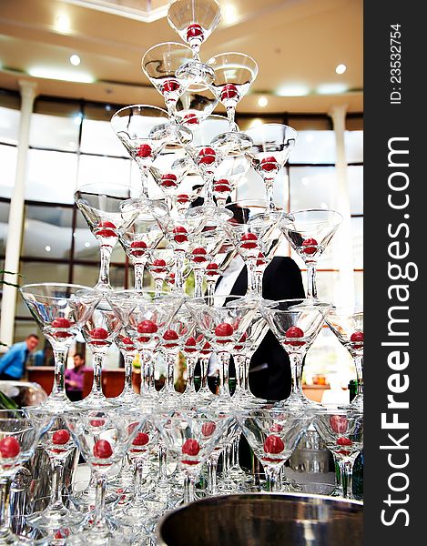 Champagne glasses in a pyramid in banquet