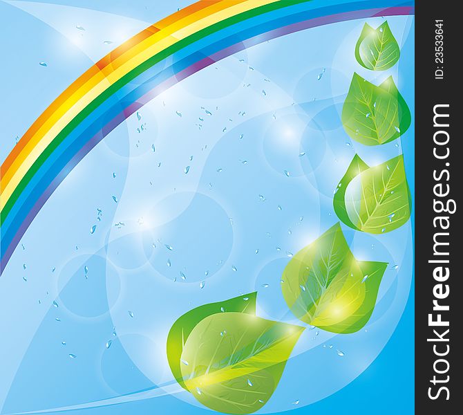 Spring eco background with fresh green leaves, rainbow and drops of water. Place for text. Spring eco background with fresh green leaves, rainbow and drops of water. Place for text.