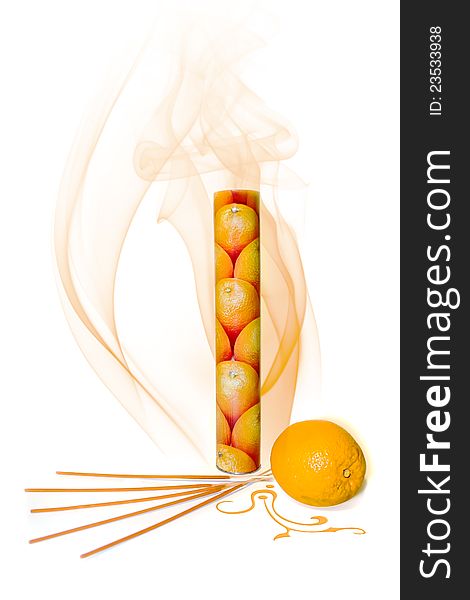 Orange incense sticks with packaging, fruit and smoke