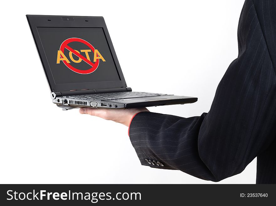 Anti Acta symbol on netbook isolated on white