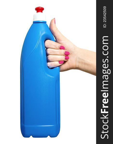 Handing a blue bottle of cleaning solution