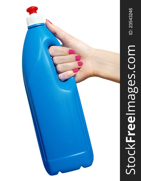 Handing a blue bottle of liquid detergent. Handing a blue bottle of liquid detergent