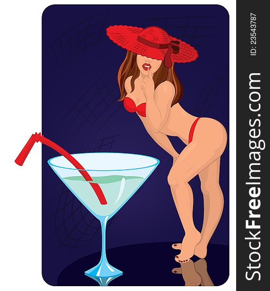 Young woman in red hat is standing near giant cocktail vector illustration