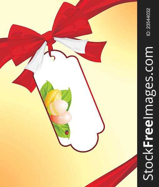 Red bow with festive Easter tag on the abstract background. Illustration