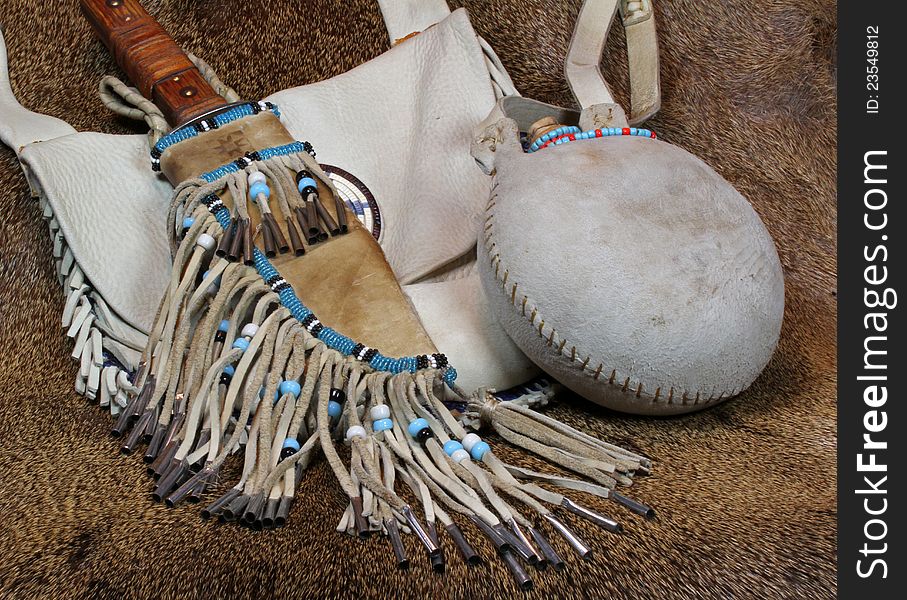 Vintage Shooting Bag With Decorated Knife And Sheath And Buckskin Covered Canteen. Vintage Shooting Bag With Decorated Knife And Sheath And Buckskin Covered Canteen