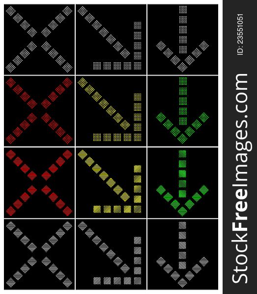 Graphic representation of a light-emitting diode reversive traffic light in the engaged and switched off condition. Graphic representation of a light-emitting diode reversive traffic light in the engaged and switched off condition