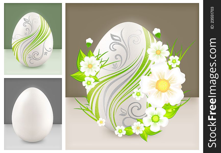 Easter eggs with flowers on gray background, holiday illustration