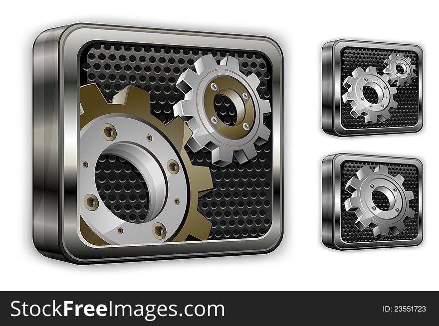 Industrial gears in square icons on white, mechanical vector illustration