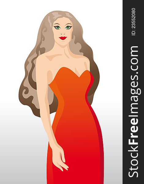 Blond girl dresed in red gown. Vector illustration