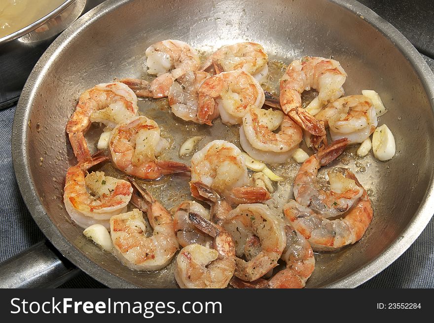 Pan fried with shrimp on an electric stove