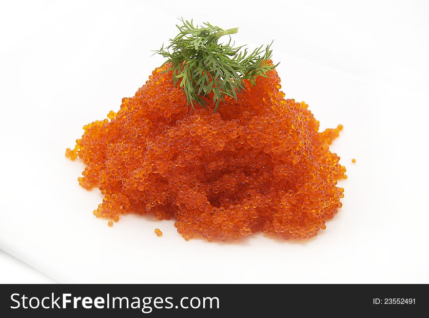 Plate with flying fish roe on a white background. Plate with flying fish roe on a white background